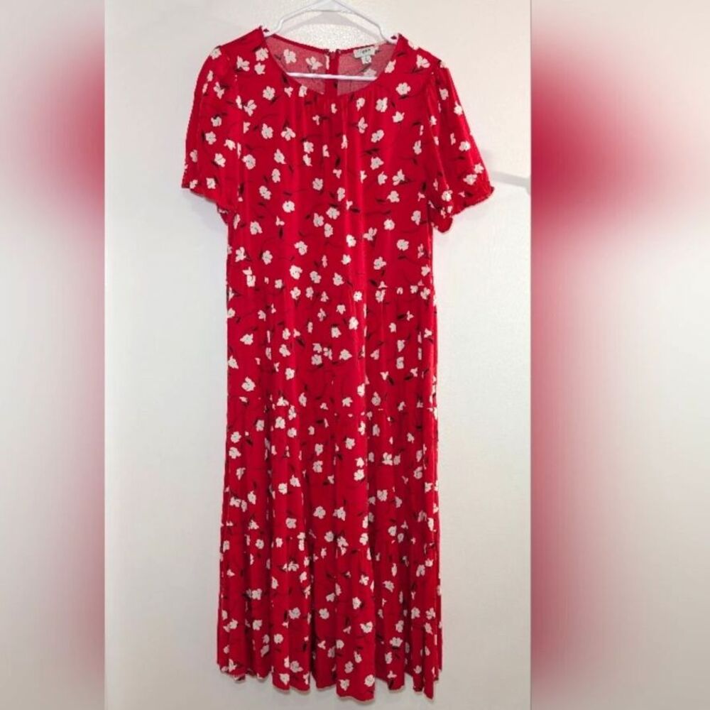 J.Crew Red Floral Midi Dress L Tiered Viscose Boho Spring Summer Romantic Picnic - Picture 3 of 7